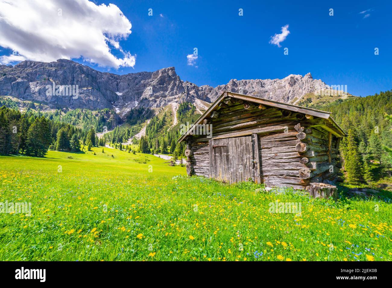 Grange agricole pour le foin dans les prairies idylliques des Dolomites, dans le nord de l'Italie Banque D'Images
