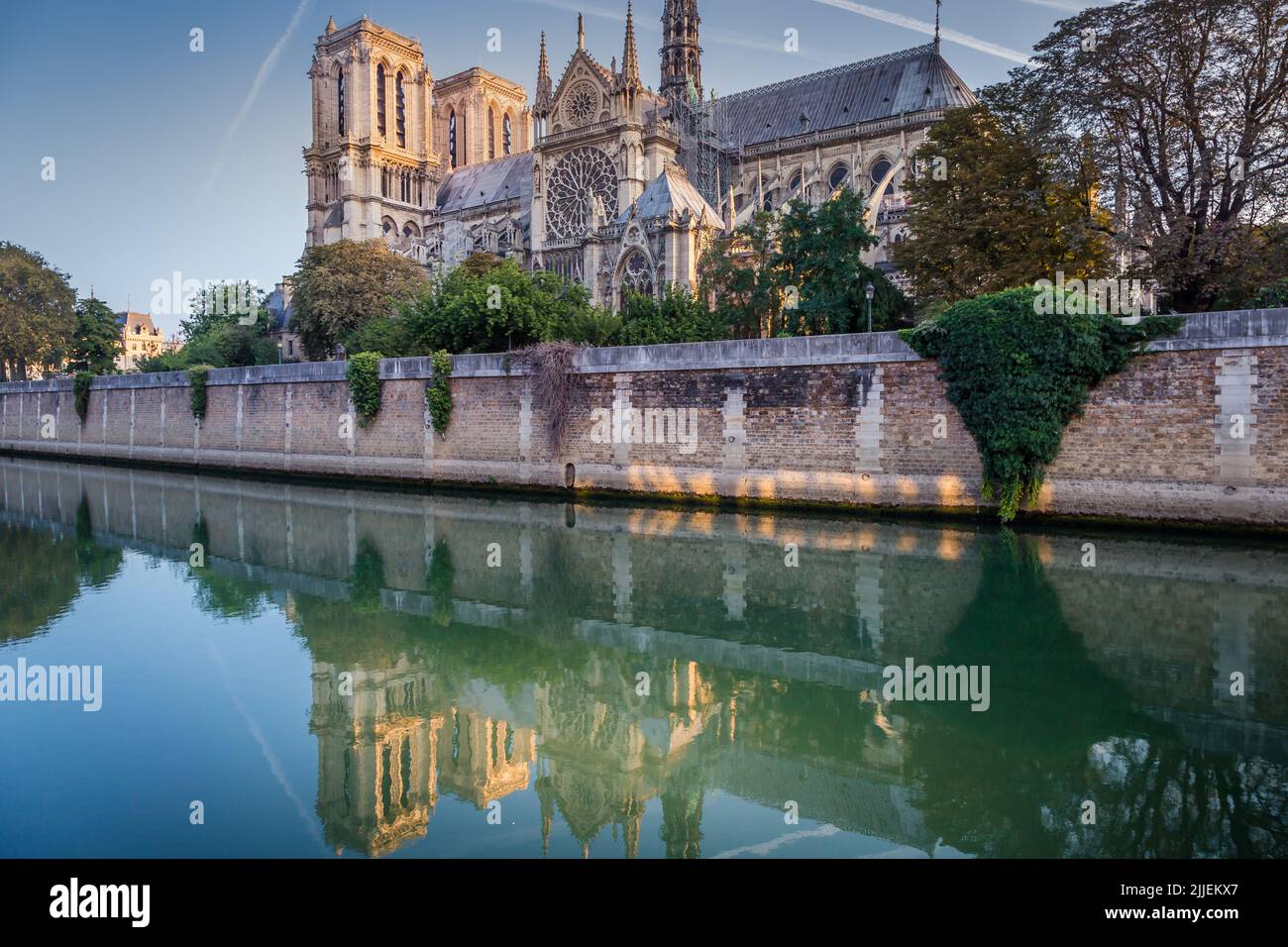 Cathédrale notre-Dame et Seine le matin paisible et ensoleillé, Paris, France Banque D'Images