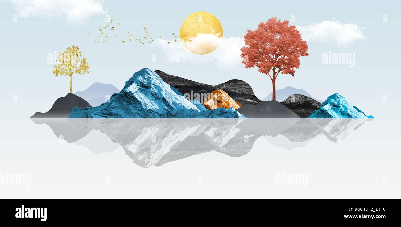 Paysage chinois. Dessin de montagnes noires, bleues et dorées. soleil, arbres, oiseaux et ciel dans un arrière-plan clair. 3d pap murale moderne en toile Banque D'Images