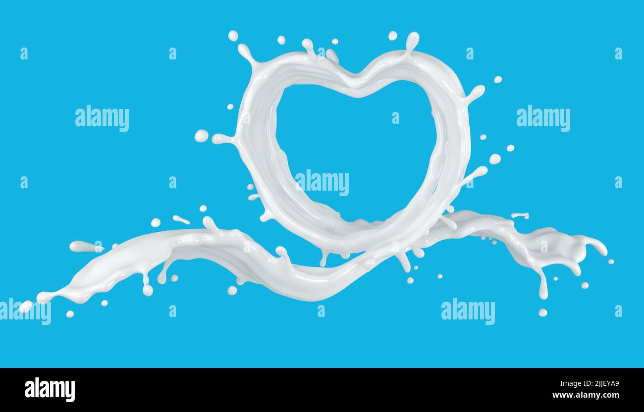 3d illustration de la forme du cœur de la projection de lait sur fond bleu avec un masque Banque D'Images