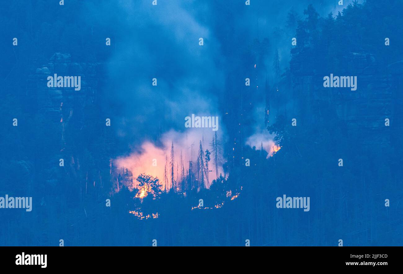 Schmilka, Allemagne. 26th juillet 2022. La forêt est en feu dans le parc national de la Suisse saxonne à Kleiner Winterberg. Crédit : Robert Michael/dpa/Alay Live News Banque D'Images