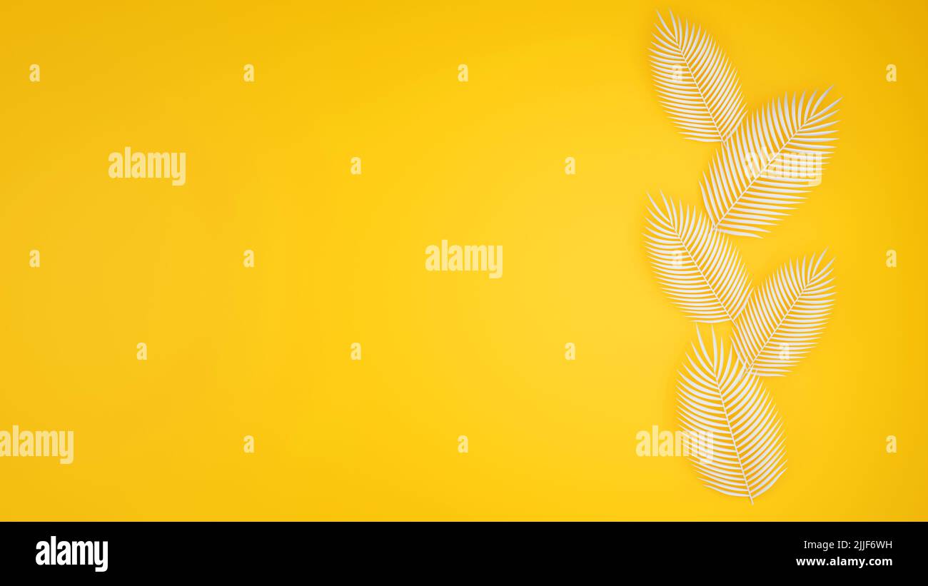 Palmier blanc sur fond jaune, concept été ou vacances, rendu 3D. Banque D'Images