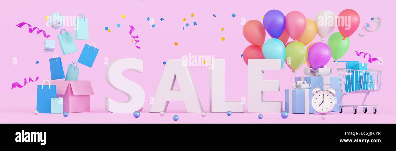 Mot de vente avec boîtes cadeaux, panier et sac, bannière podium ou affiche, modèle d'en-tête horizontal pour la promotion de campagne sur les sites Web et les réseaux sociaux medi Banque D'Images