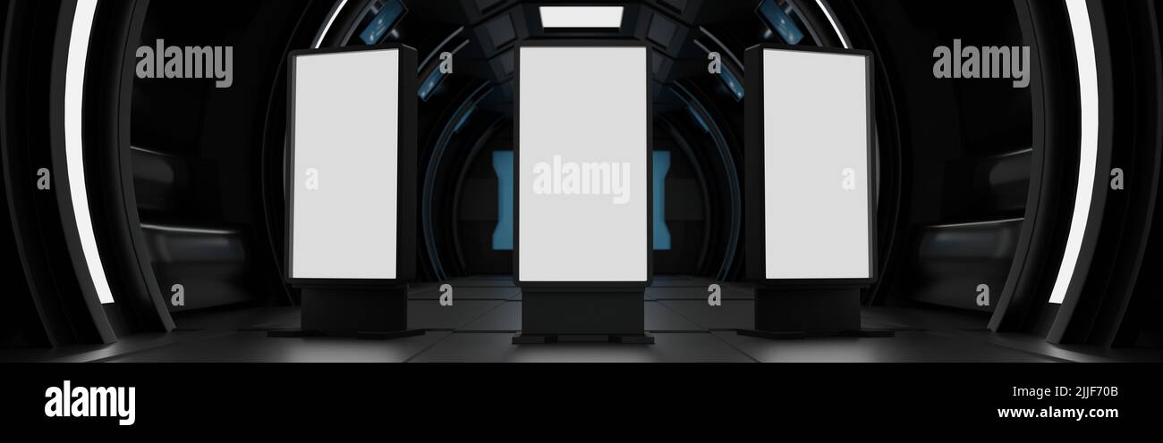 Maquette vierge de panneau d'affichage vertical ou d'écran LCD au sol dans le vaisseau spatial ou l'intérieur de la station spatiale, tunnel Sci Fi, concept publicitaire, Template Horizo Banque D'Images