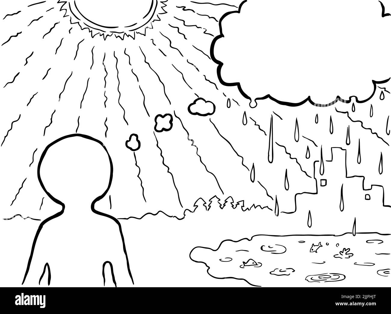 Pluie pensée bulle nuage métaphore vague de chaleur temps, encre dessin illustration, horizontal Banque D'Images