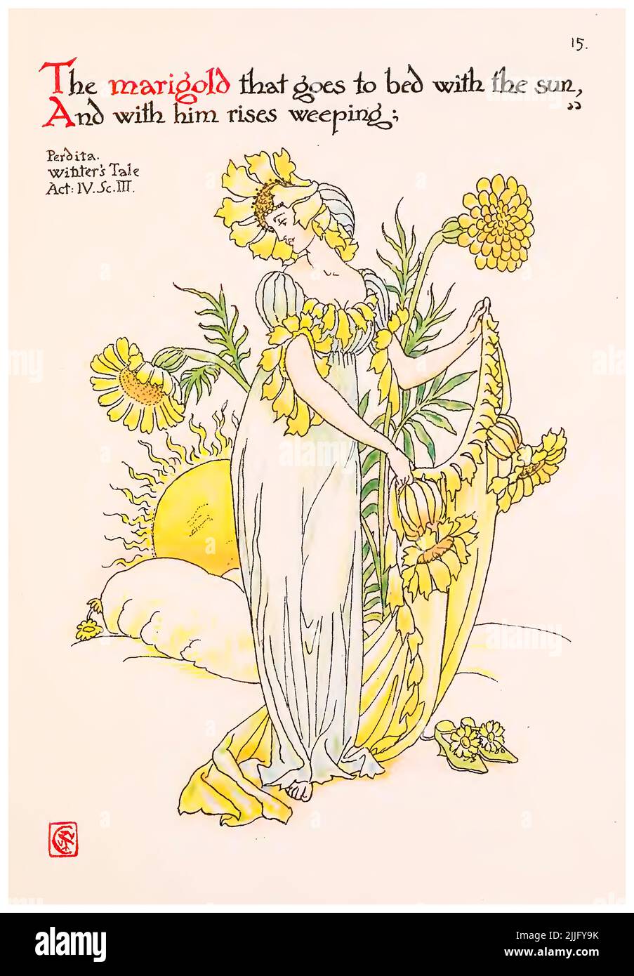 Marigold (Perdita) du livre illustré « fleurs du jardin de Shakespeare », illustration de Walter Crane, 1909 Banque D'Images