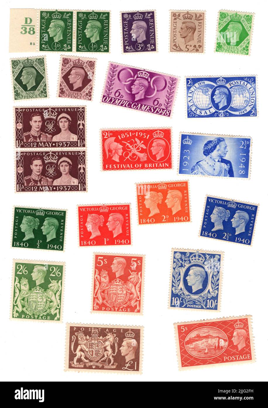 Une sélection de timbres-poste George VI vintage sur fond blanc. Banque D'Images