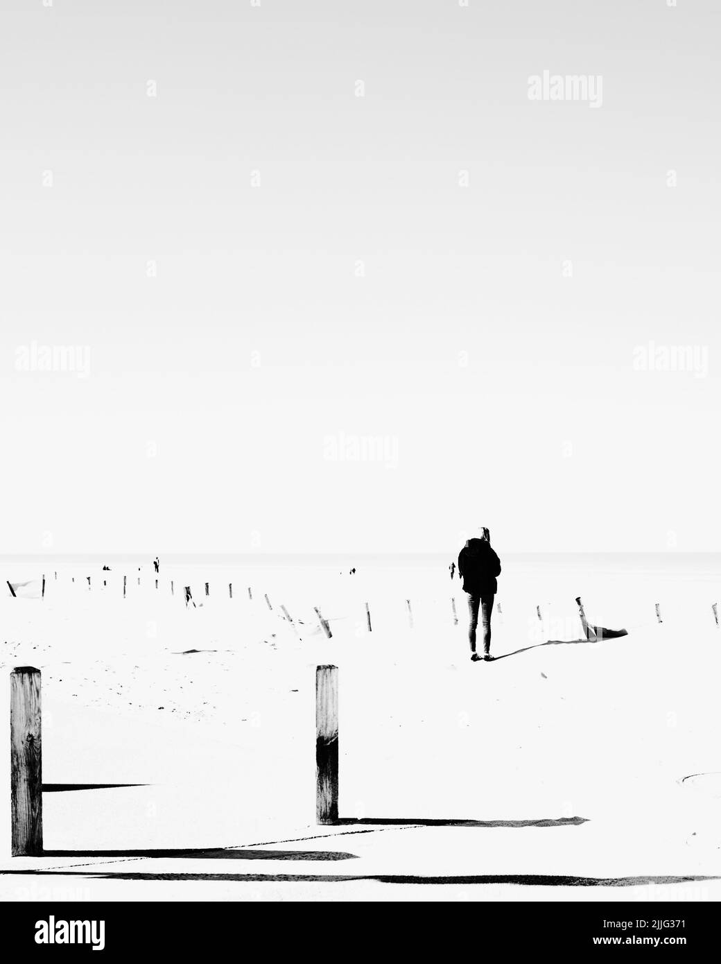 Une photo en niveaux de gris de personnes silhouetées et de poteaux en bois sur une plage Banque D'Images