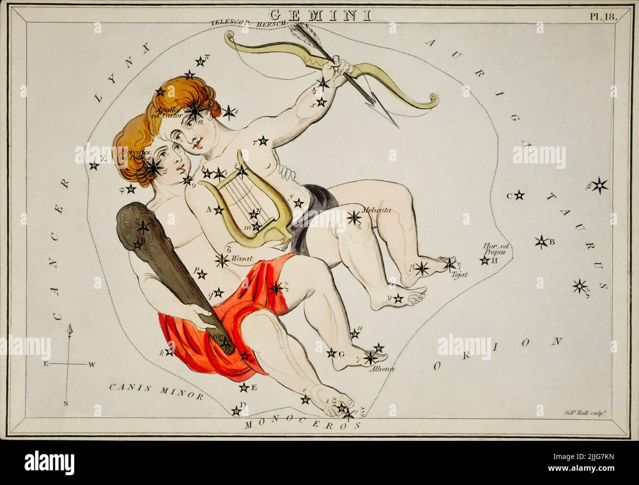 Illustration de la carte astronomique de Gemini, 1831, Sidney Hall Banque D'Images
