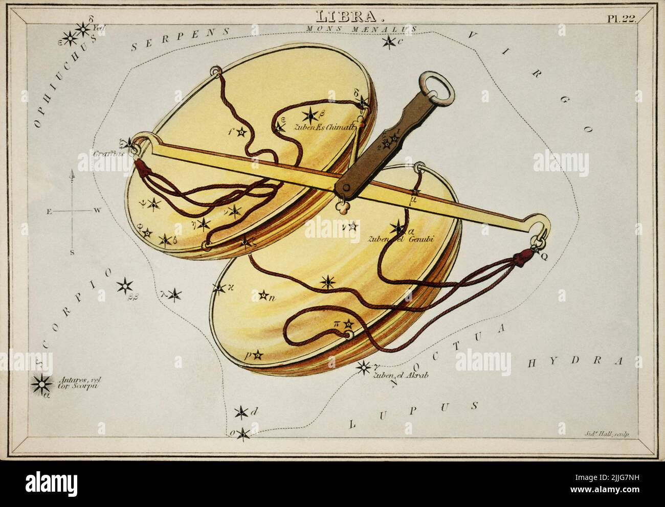 Illustration de la carte astronomique de la Balance, 1831, Sidney Hall Banque D'Images