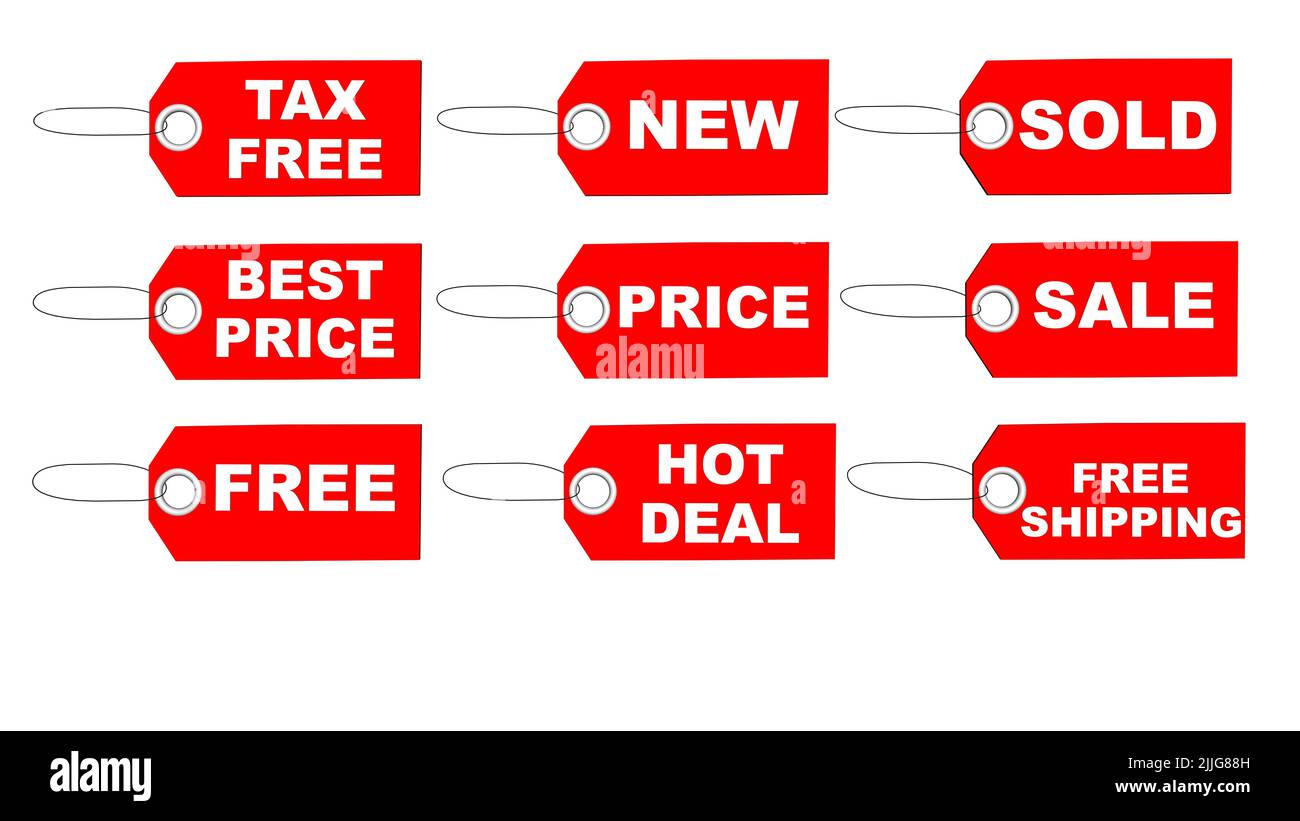 Un ensemble de balises rouges avec des textes liés à l'achat isolés sur un fond blanc Banque D'Images