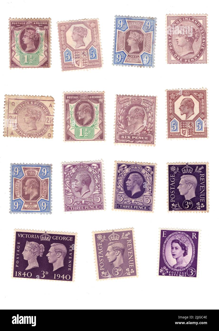 Une sélection de timbres-poste d'époque GB violets sur fond blanc. Banque D'Images