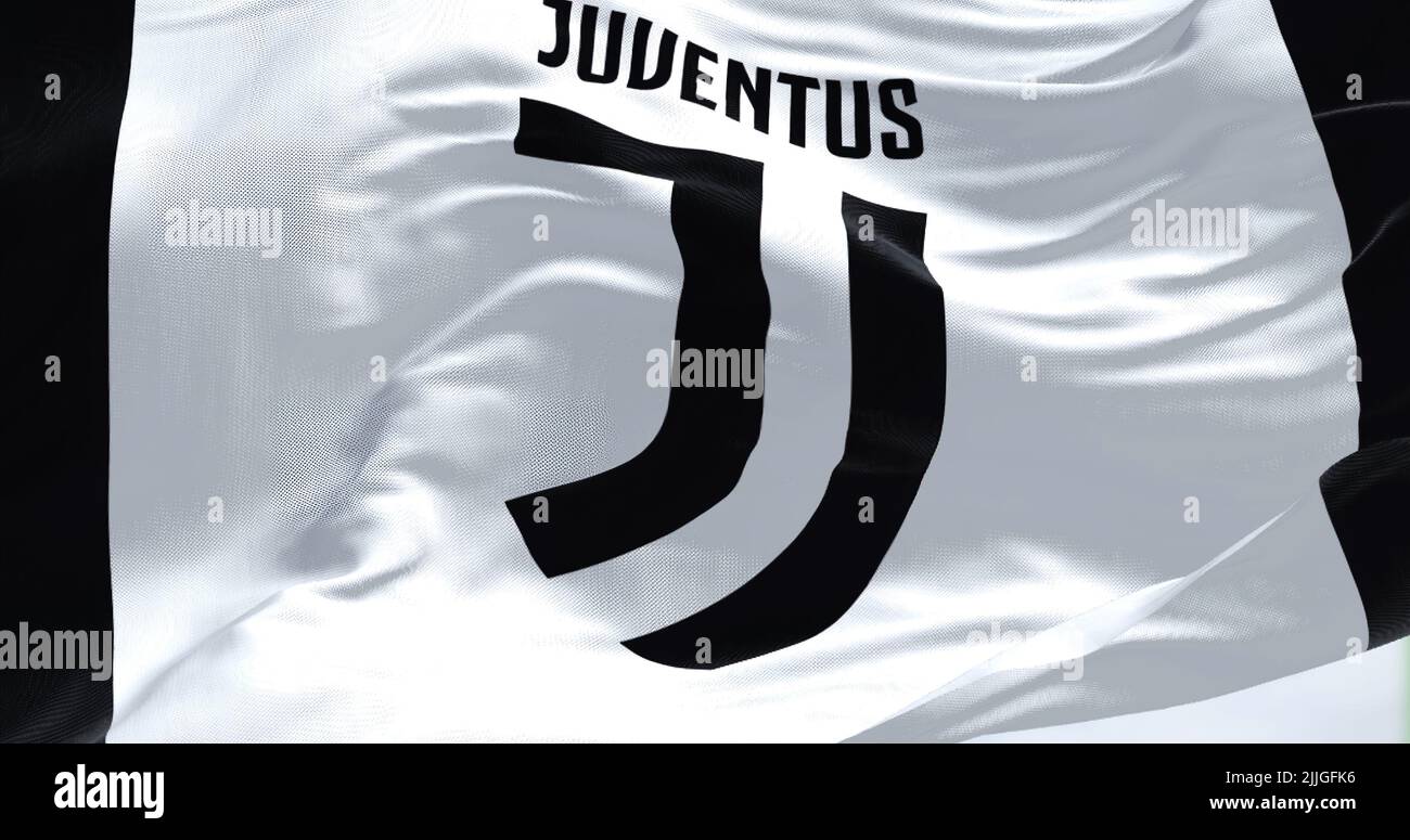 Turin, Italie, juillet 2022 : drapeau du Club de football de Juventus. Juventus est un club de football professionnel basé à Turin. Italie Banque D'Images