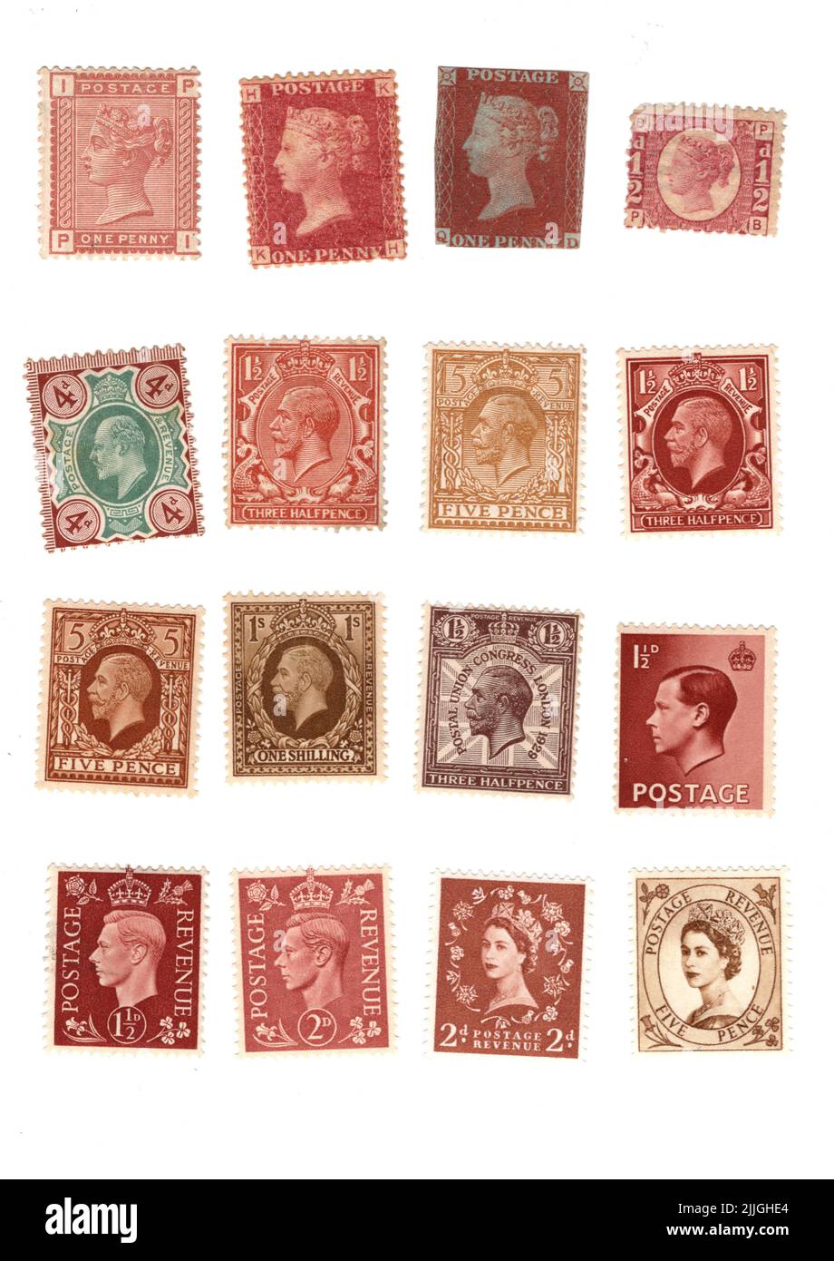 Une sélection de timbres GB vintage marron sur fond blanc. Banque D'Images