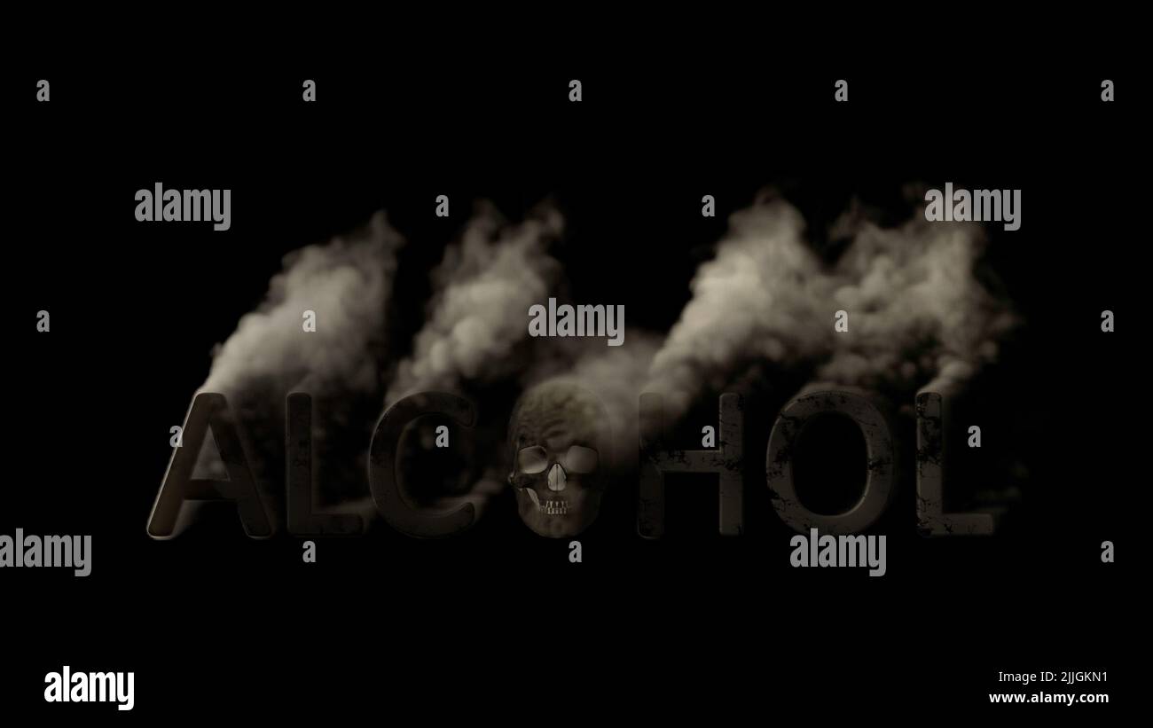 Texte alcool avec crâne fumer sur bg noir, isolé - objet 3D rendu Banque D'Images
