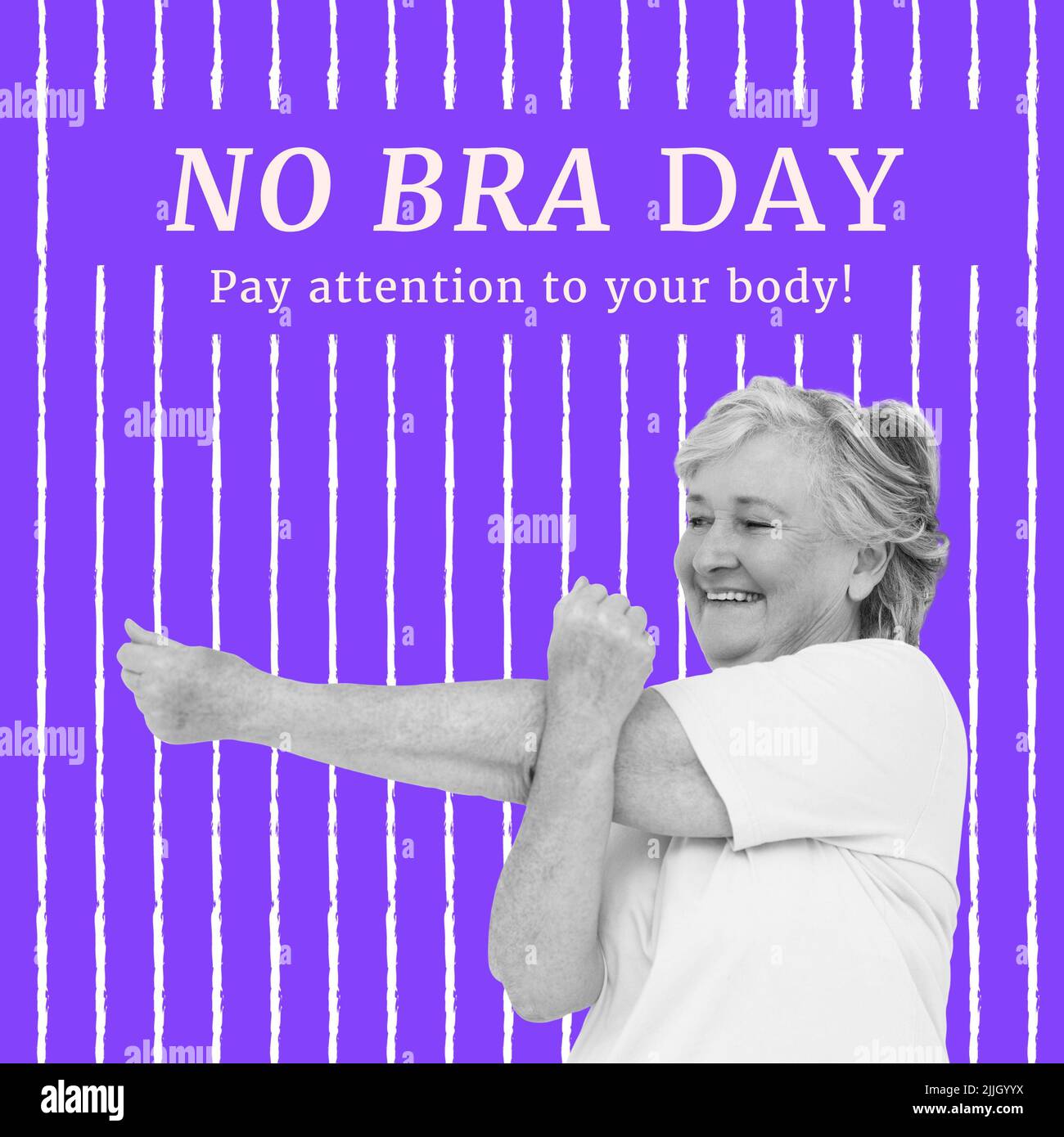 Image de pas de jour de soutien-gorge sur fond violet et bonne femme caucasienne senior s'étirant Banque D'Images