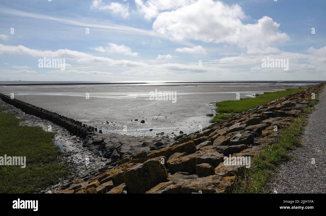 Le plat de boue de la mer des Wadden à marée basse. Sur le côté droit se trouve une construction de fascinine pour protéger le plat de l'érosion. Les pierres font partie de la dike str Banque D'Images