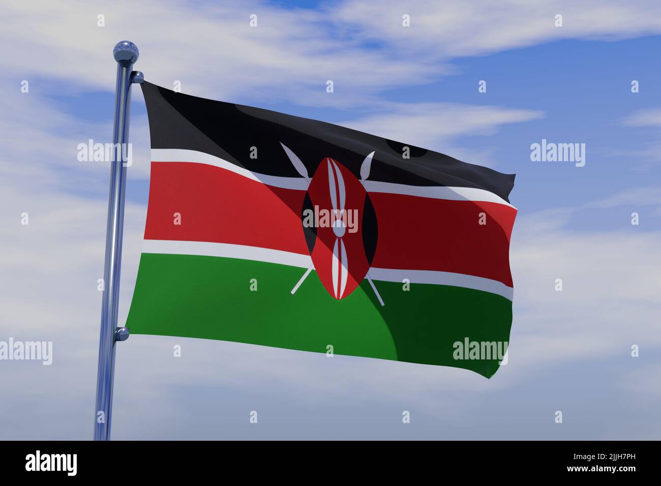 Une illustration de 3D du drapeau du Kenya avec un mât de pavillon chromé sur fond bleu ciel Banque D'Images