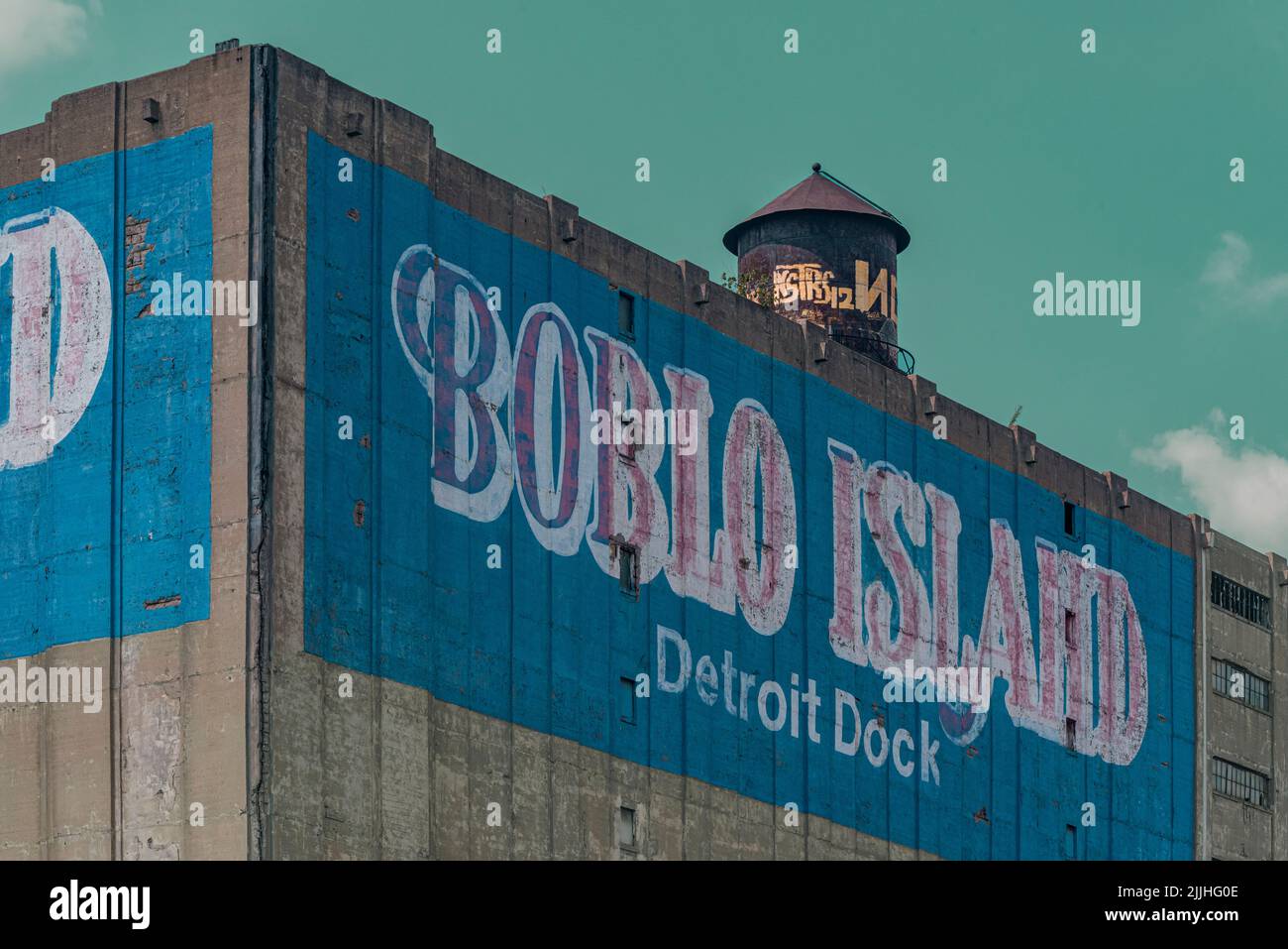 Panneau mural de l'île Boblo de Detroit Dock sur le bâtiment du terminal de Detroit Harbor, Detroit, Michigan, Wayne County, États-Unis Banque D'Images
