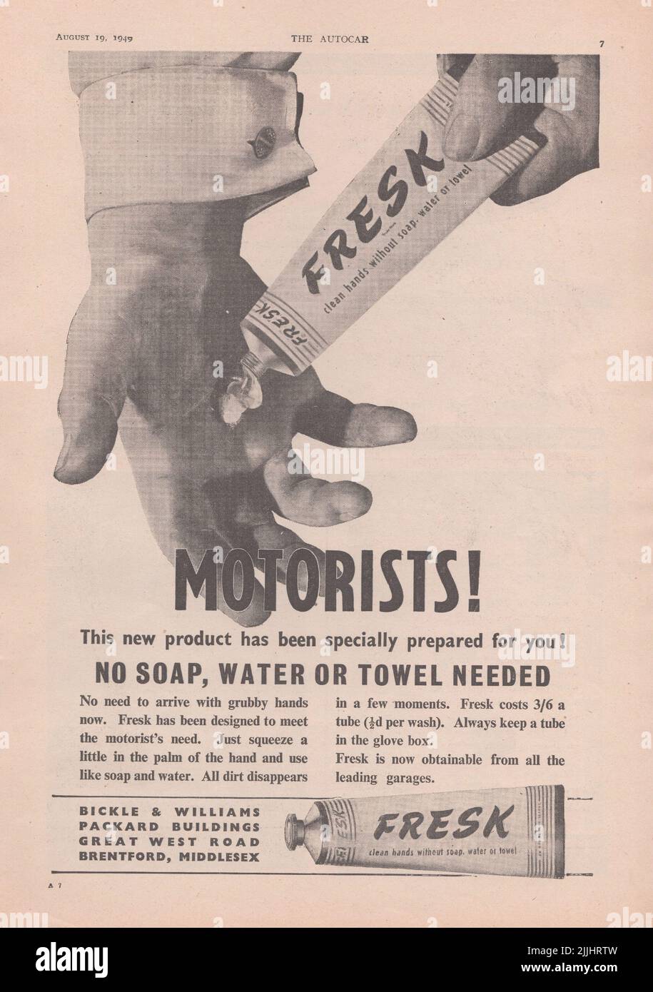 Fresk mains propres sans eau de savon ou serviette ancienne publicité vintage d'un magazine de voiture britannique 1949 Banque D'Images