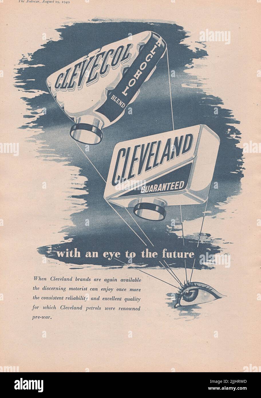Mélange d'alcool Clevecol Cleveland petrols ancienne publicité vintage d'un magazine automobile britannique 1949 Banque D'Images