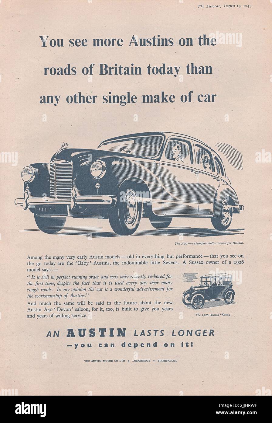 Austin A40 ancienne publicité vintage d'un magazine automobile britannique 1949 Banque D'Images