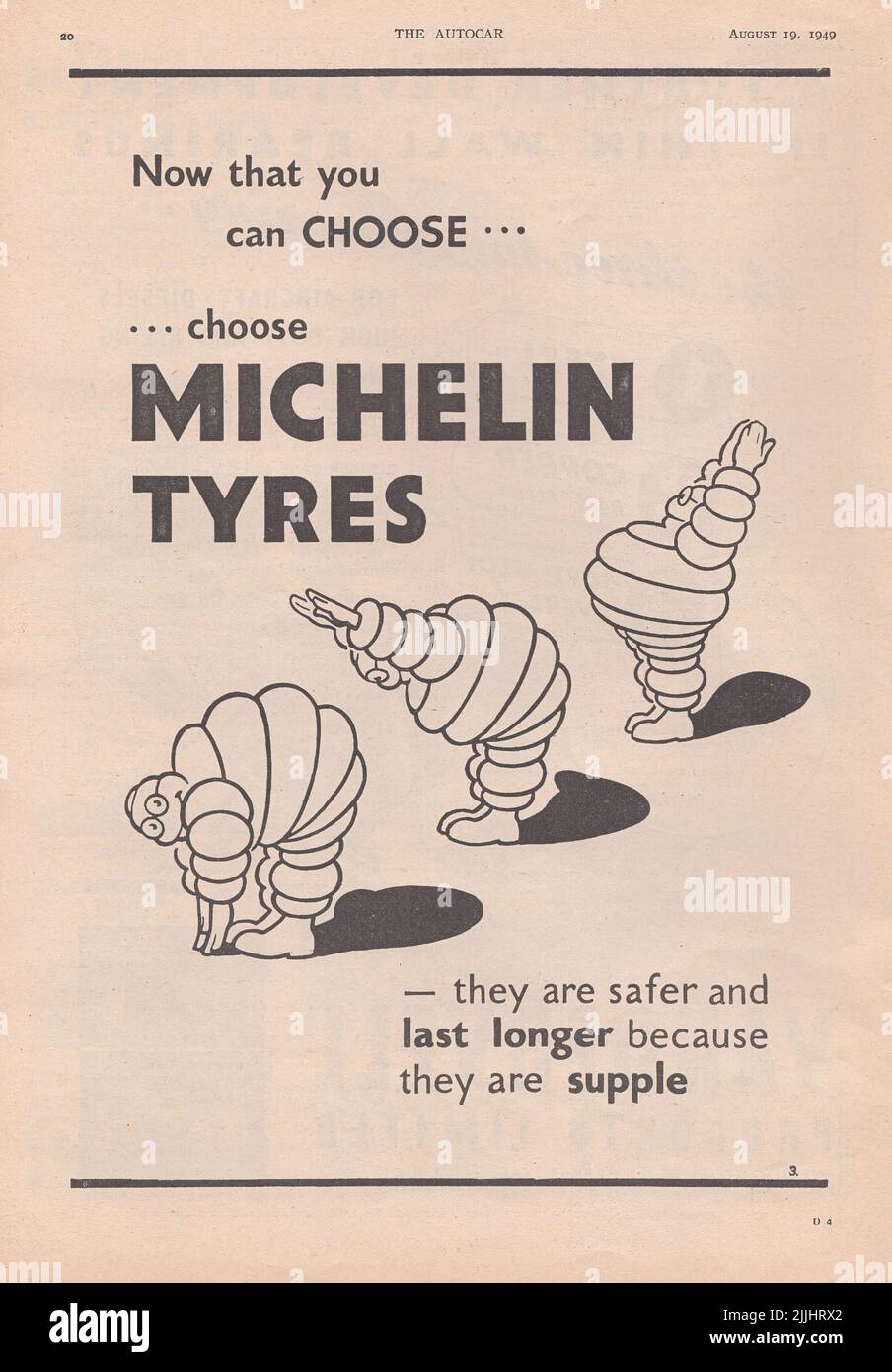 Pneus Michelin Michelin Michelin homme ancienne publicité d'un magazine automobile britannique 1949 Banque D'Images