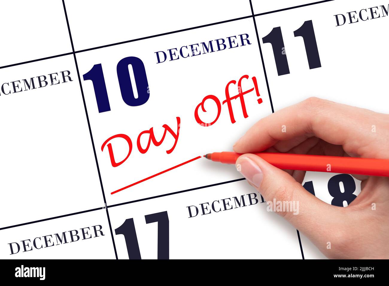 10th jour de décembre. Écrire du texte à la main LE JOUR de la journée et dessiner une ligne à la date du calendrier le 10 décembre. Concept de planification des vacances. Mois d'hiver, jour de l'an Banque D'Images