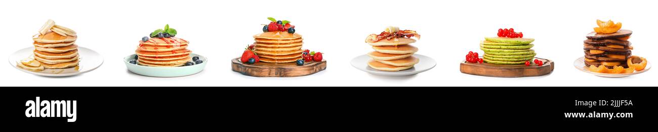 Collection de crêpes sucrées sur fond blanc Banque D'Images