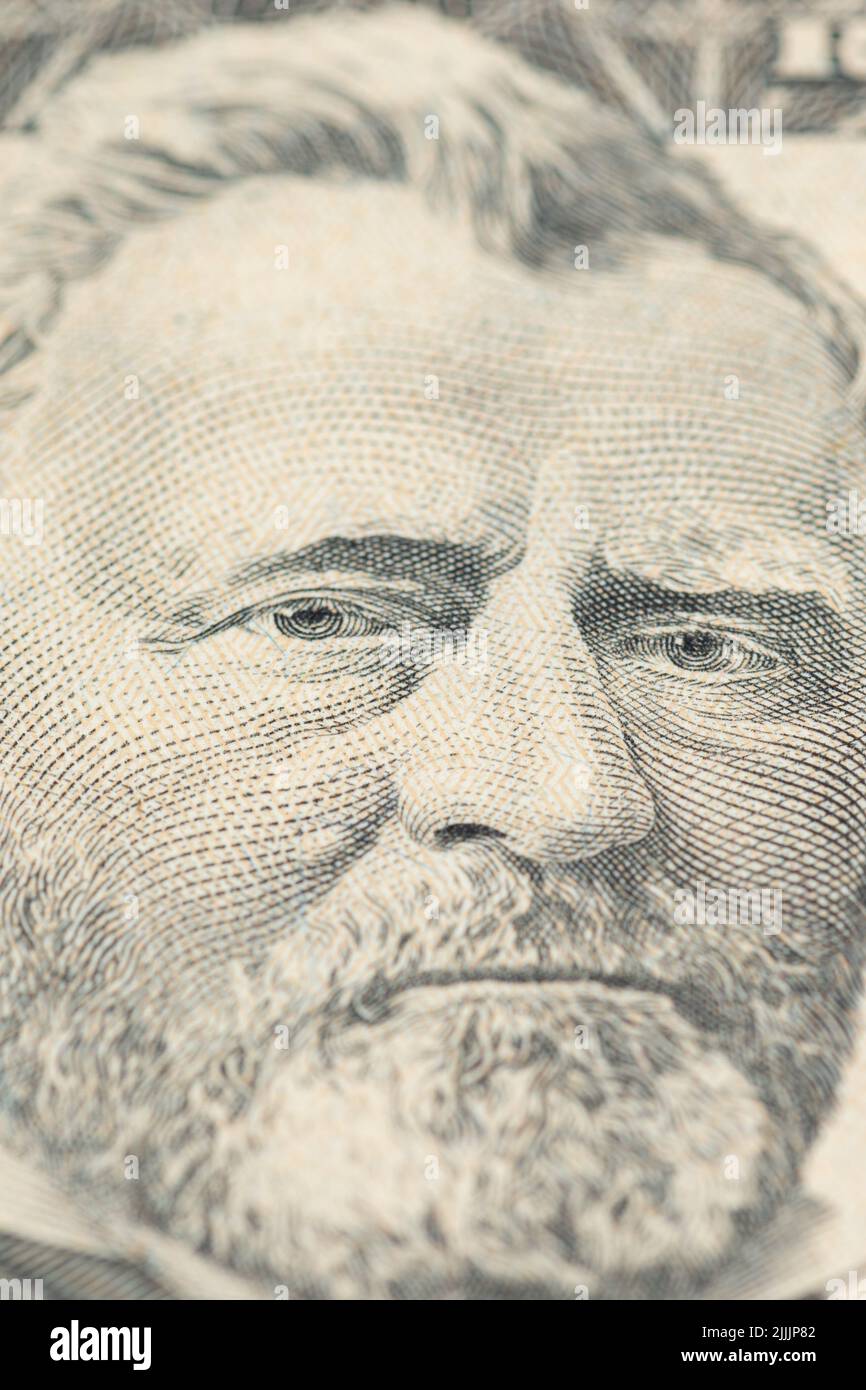 Gros plan sur la nouvelle facture de cinquante dollars. Macro gros plan de Ulysses S. Grant. facture de 50 dollars. Banque D'Images