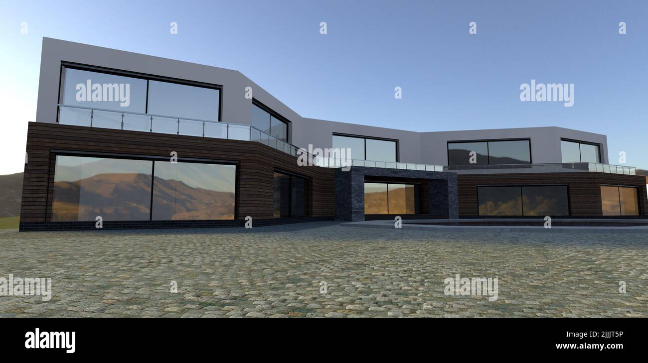 Bâtiment futuriste de forme inhabituelle. Panneau avant et plâtre blanc. Ciel bleu. 3d rendu. Banque D'Images