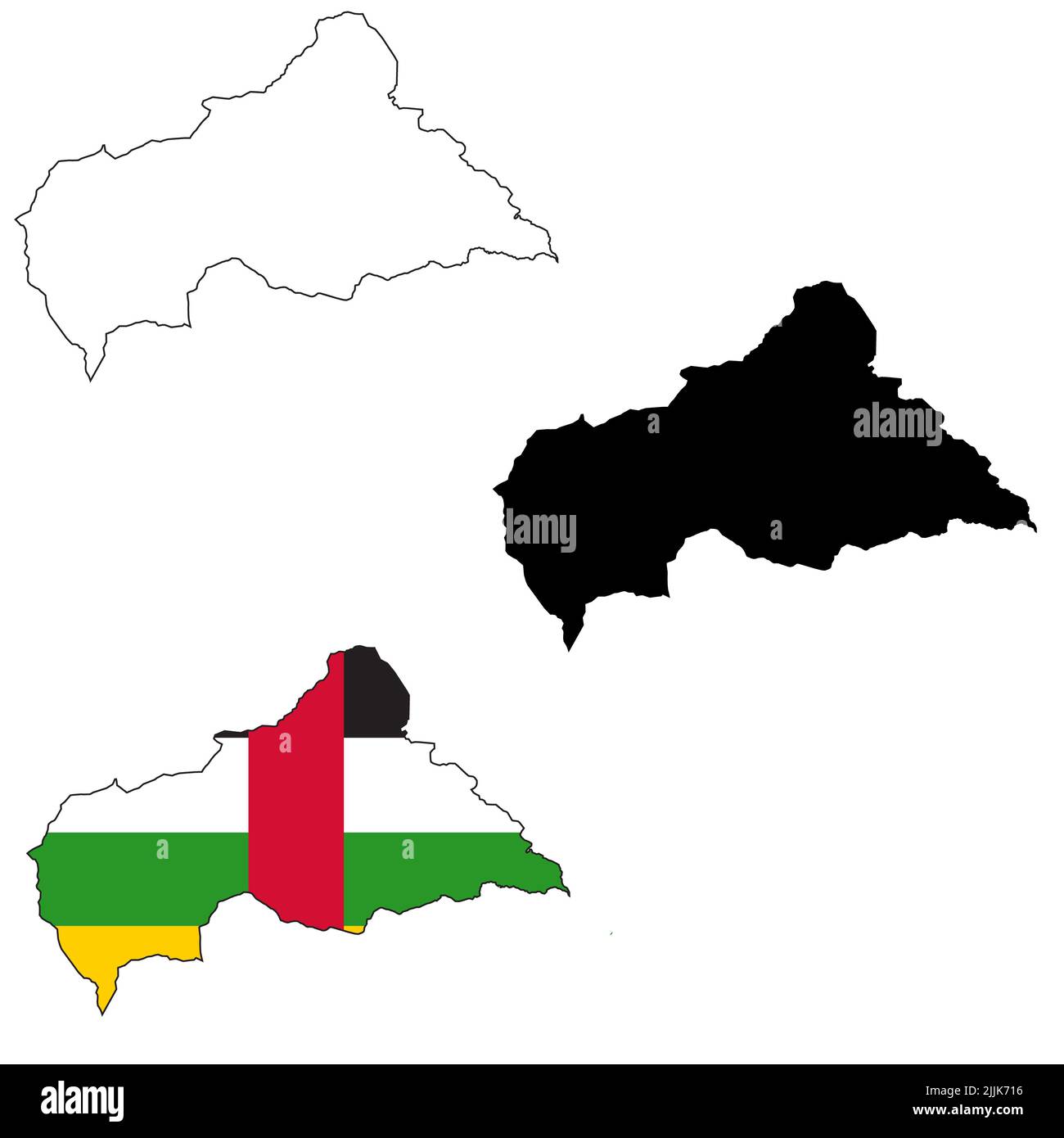 Carte du drapeau de la République centrafricaine sur fond blanc. Carte de la République centrafricaine. Silhouette de la carte vectorielle de la République centrafricaine. plat s Banque D'Images