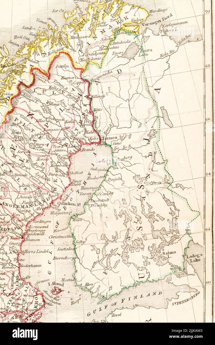 1830s Russie pré-soviétique carte de l'atlas de la Finlande et de ses frontières avec la Russie + Golfe de Bothnia et Golfe de Finlande. Banque D'Images