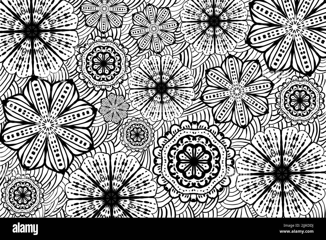 Texture noire et blanche avec motif de fleurs de mandala. Couleurs monochromes. Mandala dessiné à la main. Éléments ronds. Fond blanc. Banque D'Images