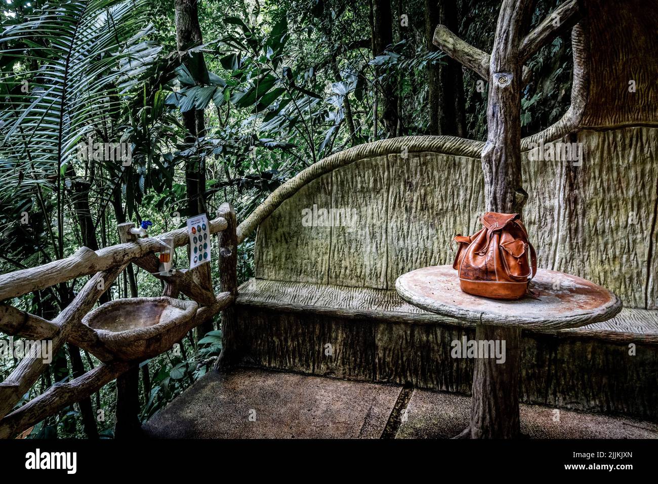 Une photo d'un sac à dos sur la table en bois d'un balcon fait d'arbres dans une forêt exotique au Costa Rica Banque D'Images