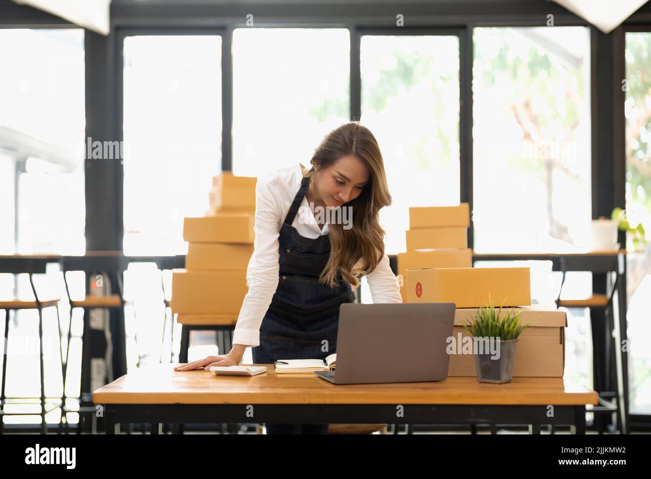 Jeune femme asiatique attrayante propriétaire démarrage petite entreprise avec boîte à la maison préparer livraison de colis. Banque D'Images