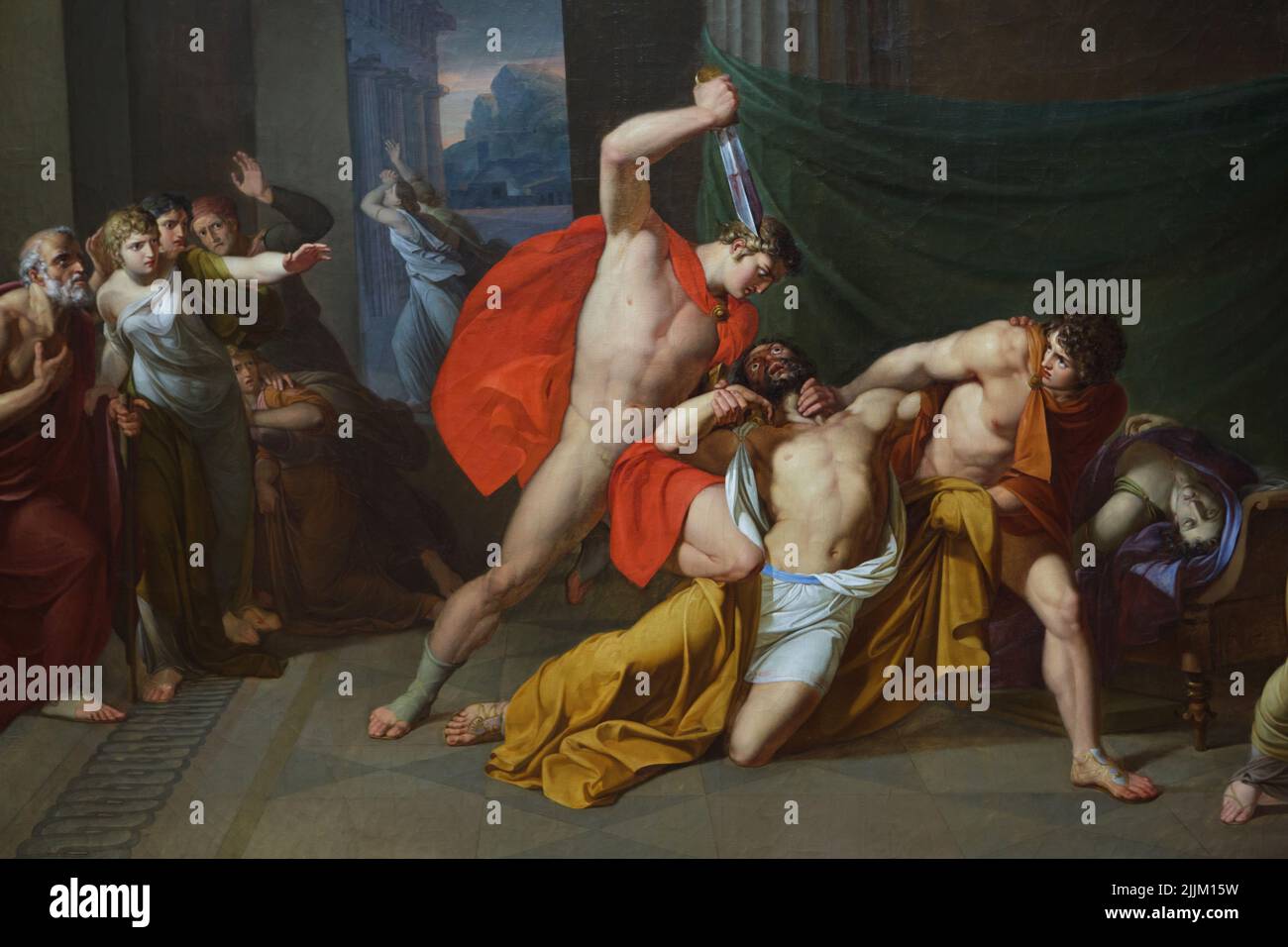 Détail de la peinture "le meurtre d'Aegisthus" par le peintre allemand d'histoire Friedrich Mattäi (1805–1806) exposée dans le Gаlеriе NeverueverMeveristeverr (Neverw Маstеrs Gаllеry) dans le Аlbеrtinum à Drsdedsdvern, Gеrmаny. La peinture fait référence à une histoire de la mythologie grecque, dans laquelle Clytemnestra et son amant Aegisthus tuent son mari Agamemnon. Le fils de Clytemnestra, Orestes, rige sur le meurtre de son père. Orestes est dépeint comme il tue Aegisthus avec l'épée soutenue par son ami Pylades. Auparavant, il a tué sa mère, qui se pose en arrière-plan. Electra, la sœur d'Oreste, est représentée à droite. Banque D'Images