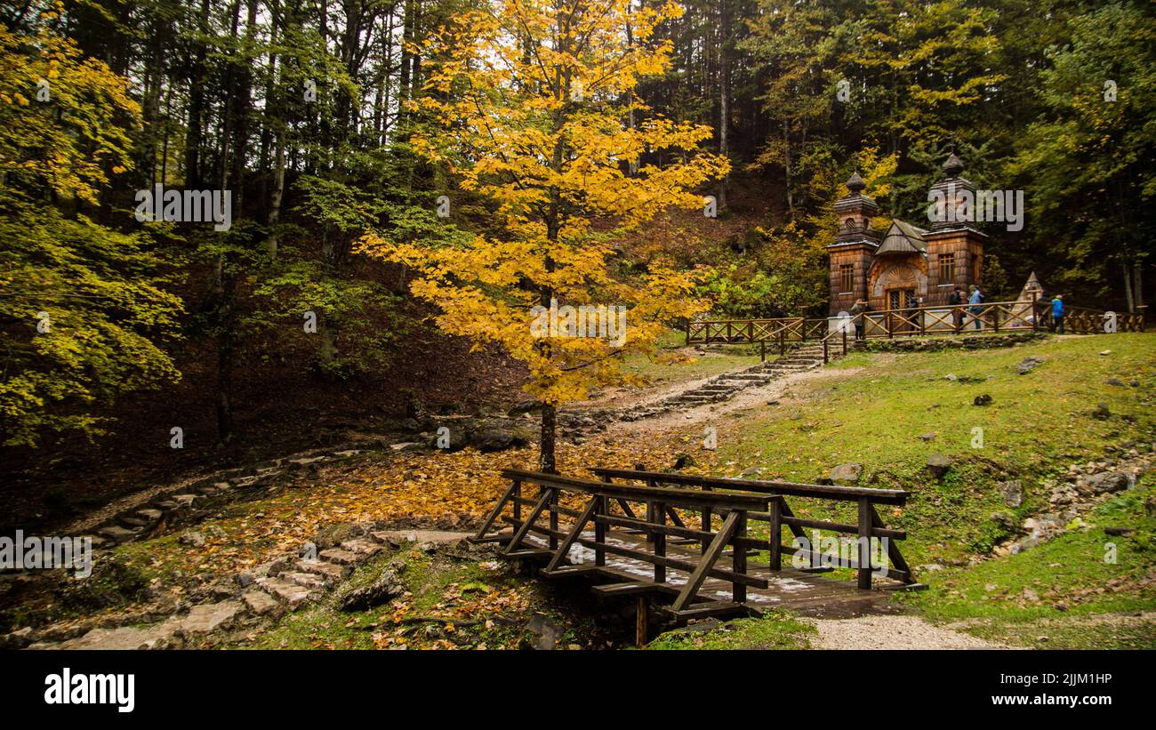 Une chapelle russe en bois dans la forêt en Slovénie Banque D'Images