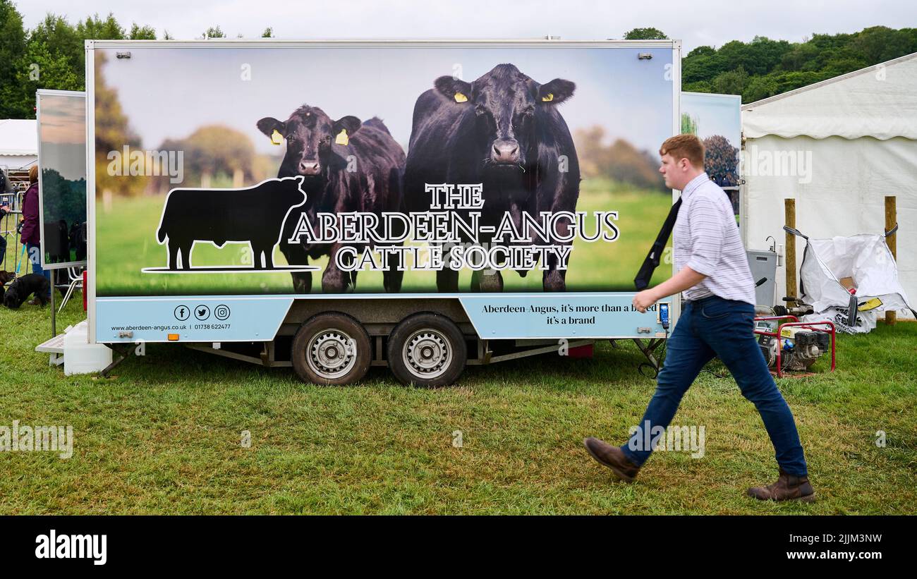 Homme qui passe devant l'affiche d'Aberdeen Angus au spectacle Royal Lancashire Banque D'Images