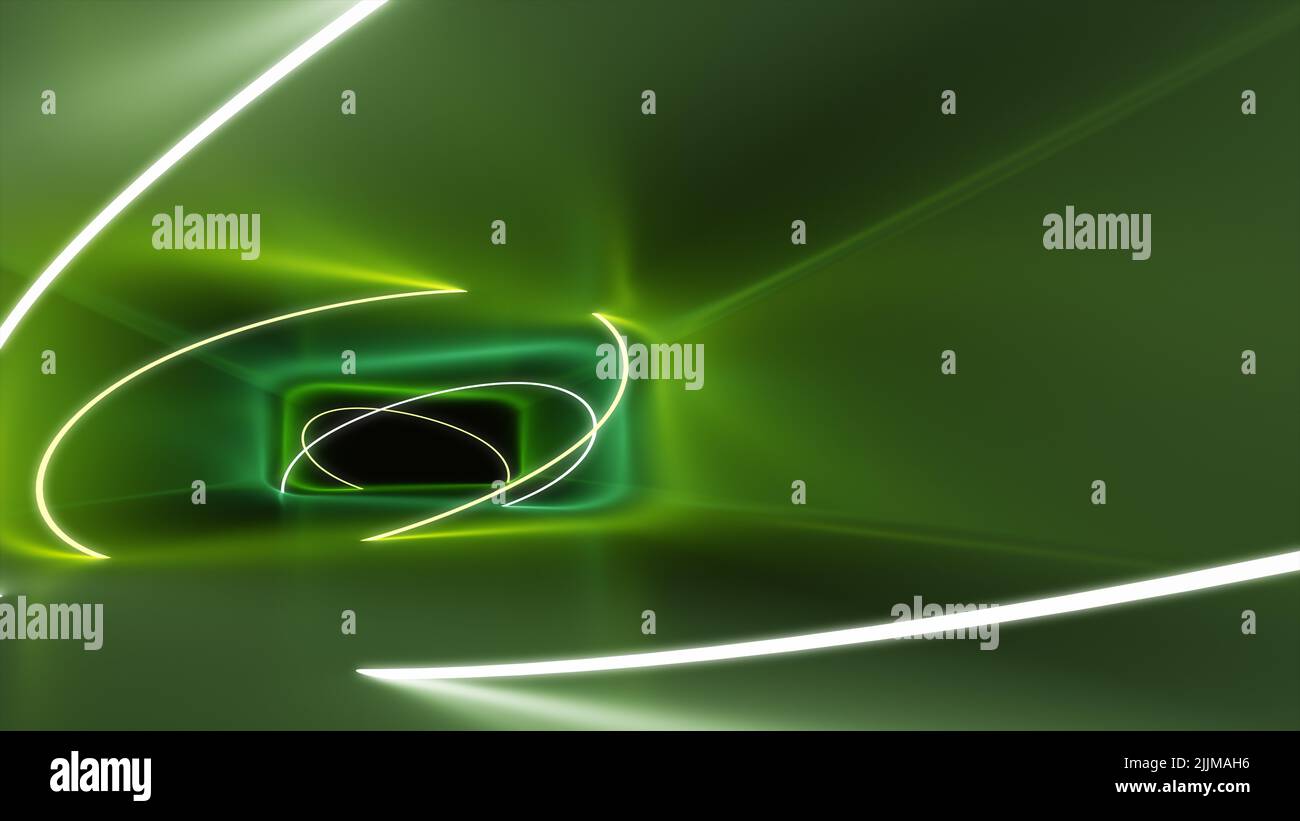 Le rendu 3D d'un fond de tunnel vert avec des lumières néon. Banque D'Images