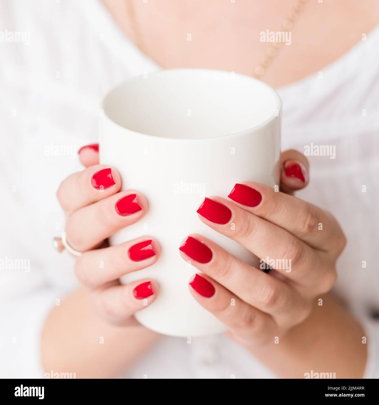 matin coziness femme mains tenir tasse Banque D'Images