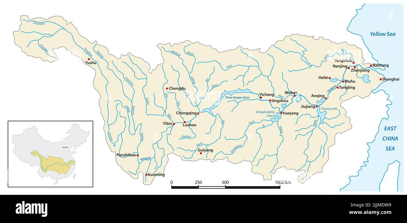 Carte vectorielle du bassin du fleuve Yangtze, Chine Banque D'Images