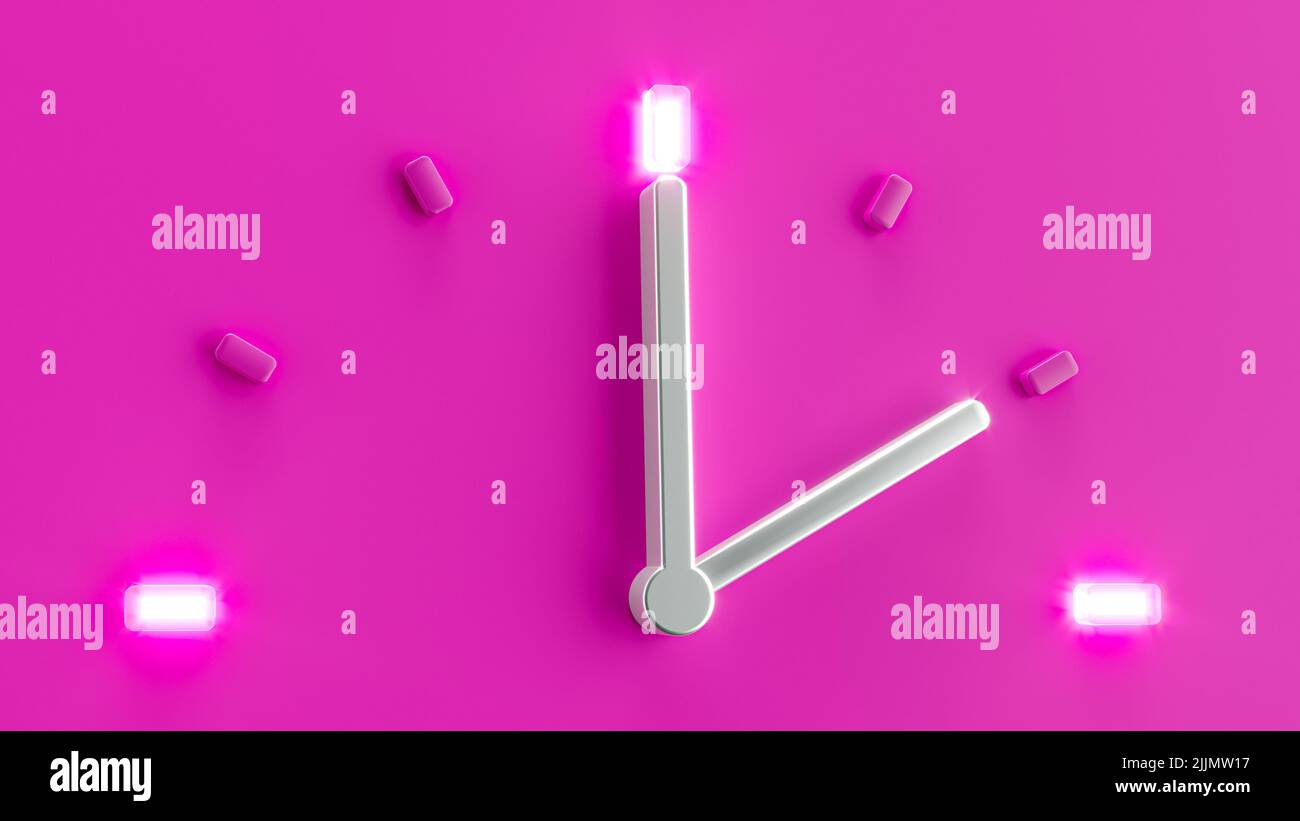 Une horloge 2'o de 3D heures avec des mains argentées isolées sur un fond rose Banque D'Images