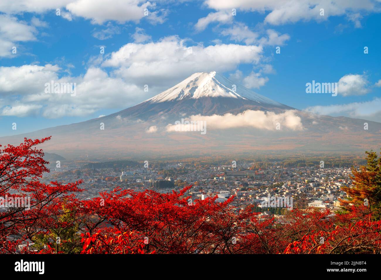 Fujiyoshida, Japon avec feuillage d'automne entourant le mont Fuji en automne. Banque D'Images