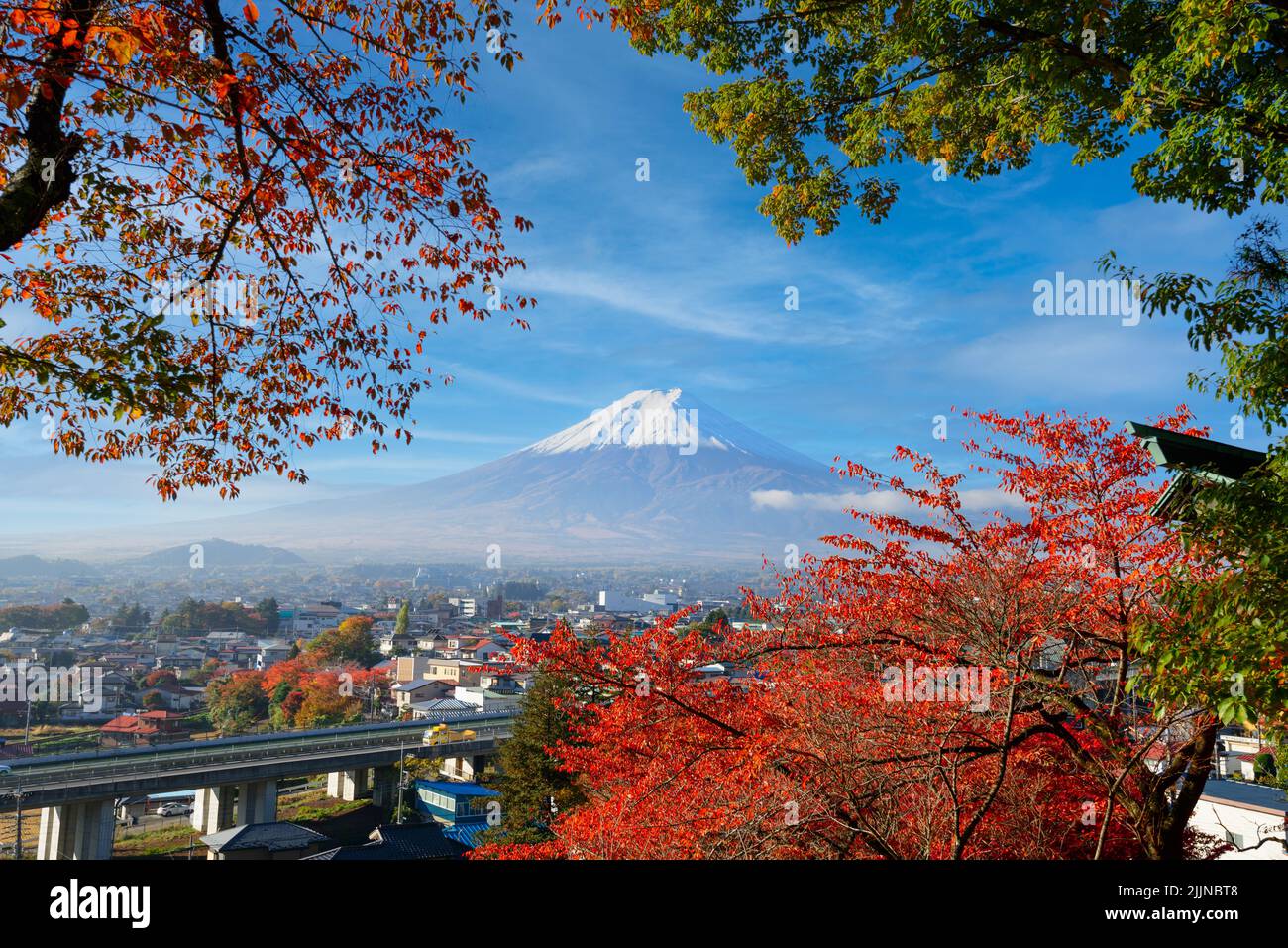 Fujiyoshida, Japon avec feuillage d'automne entourant le mont Fuji en automne. Banque D'Images