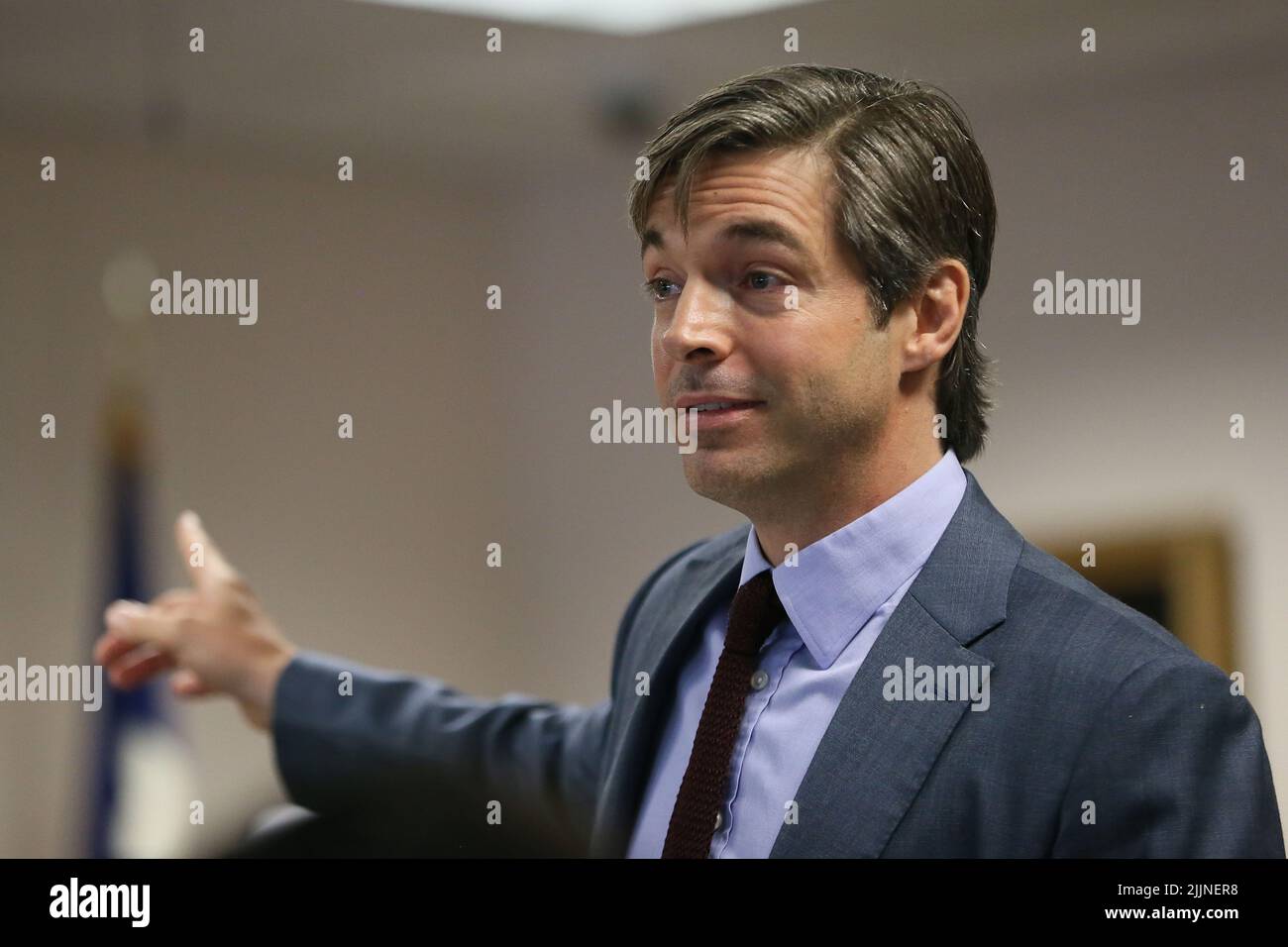 Austin, TEXAS, États-Unis. 26th juillet 2022. L'avocat d'Alex Jones, ANDINO REYNAL, présente sa déclaration d'ouverture au jury mardi, 26 juillet 2022, au palais de justice du comté de Travis. Jones a été trouvé pour avoir diffamé les parents d'un étudiant de Sandy Hook pour avoir appelé l'attaque un canular. (Image de crédit : © Sanchez via ZUMA Press Wire) Banque D'Images