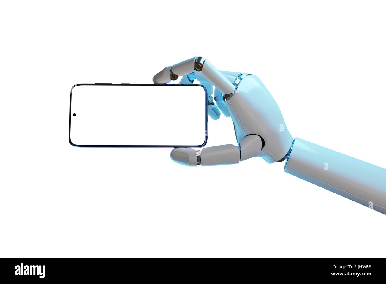 Main robotique tenant un téléphone portable avec un écran vierge en orientation horizontale isolé sur fond blanc. 3d illustration. Banque D'Images