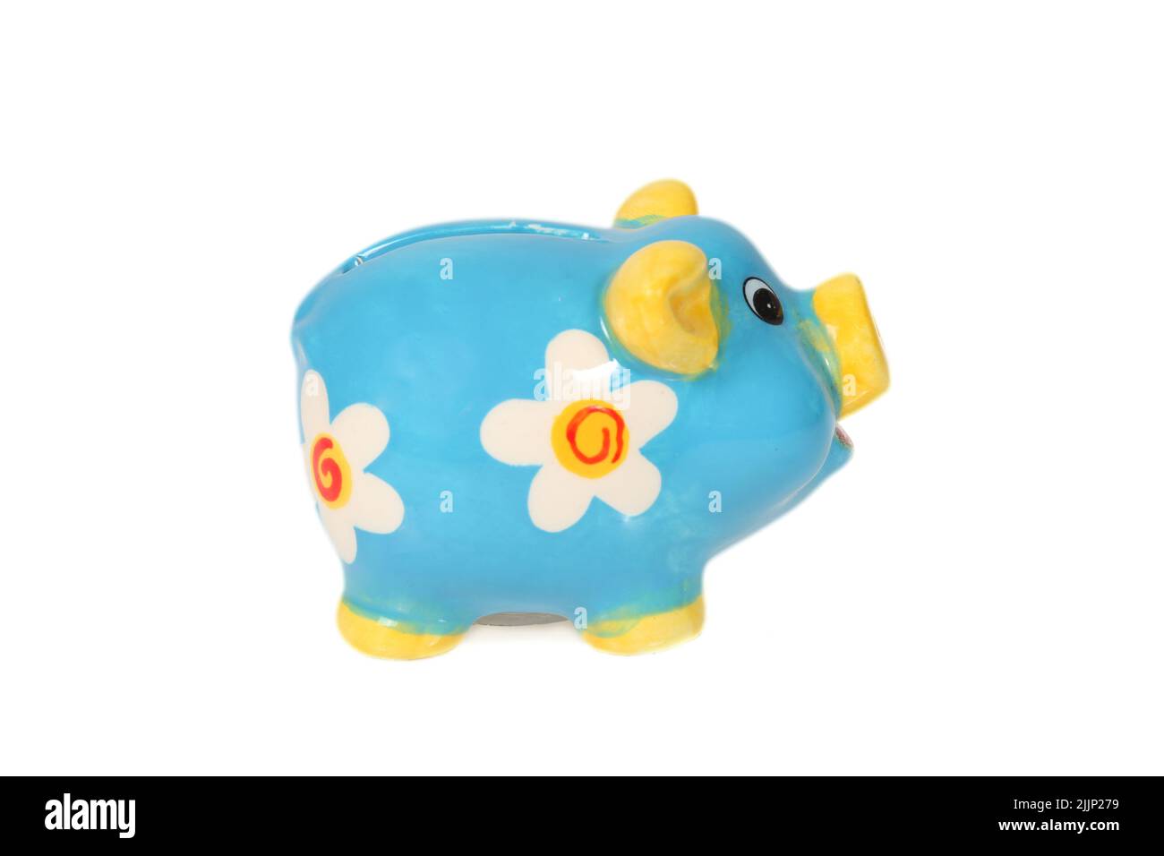 Une tirelire bleue et jaune isolée sur un fond blanc Banque D'Images