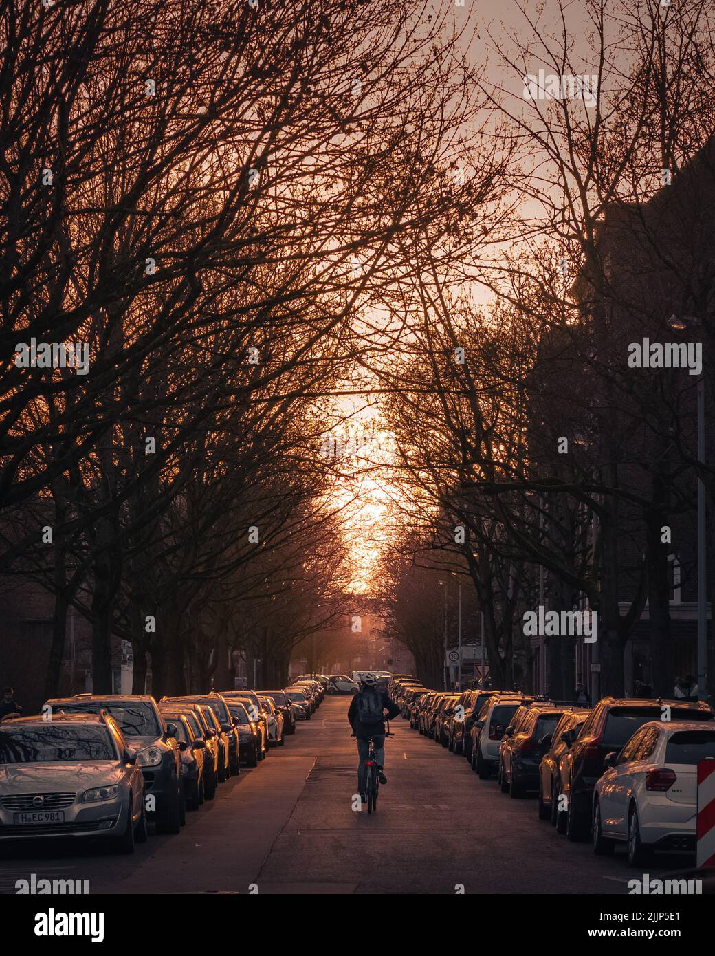 Vue sur une rue avec des voitures garées au coucher du soleil Banque D'Images