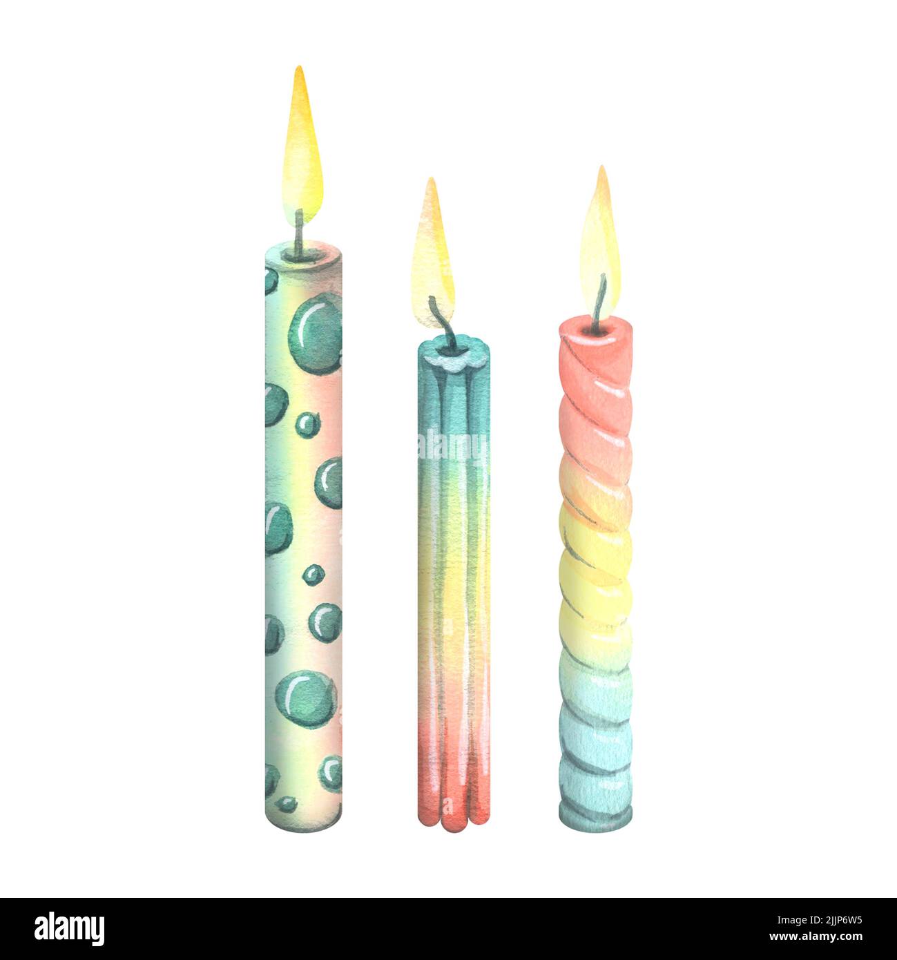 Bougies pour gâteau, pâtisserie, vacances, couleurs arc-en-ciel avec flamme. Illustration aquarelle. Objets isolés d'un grand ensemble DE Joyeux anniversaire. Pour le Banque D'Images